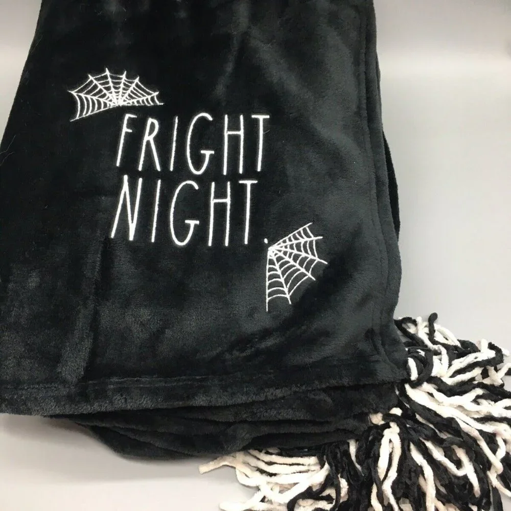 Rae Dunn Halloween FRIGHT NIGHT Fleece Throw Blanket Tassels Spiderwebs 50x70